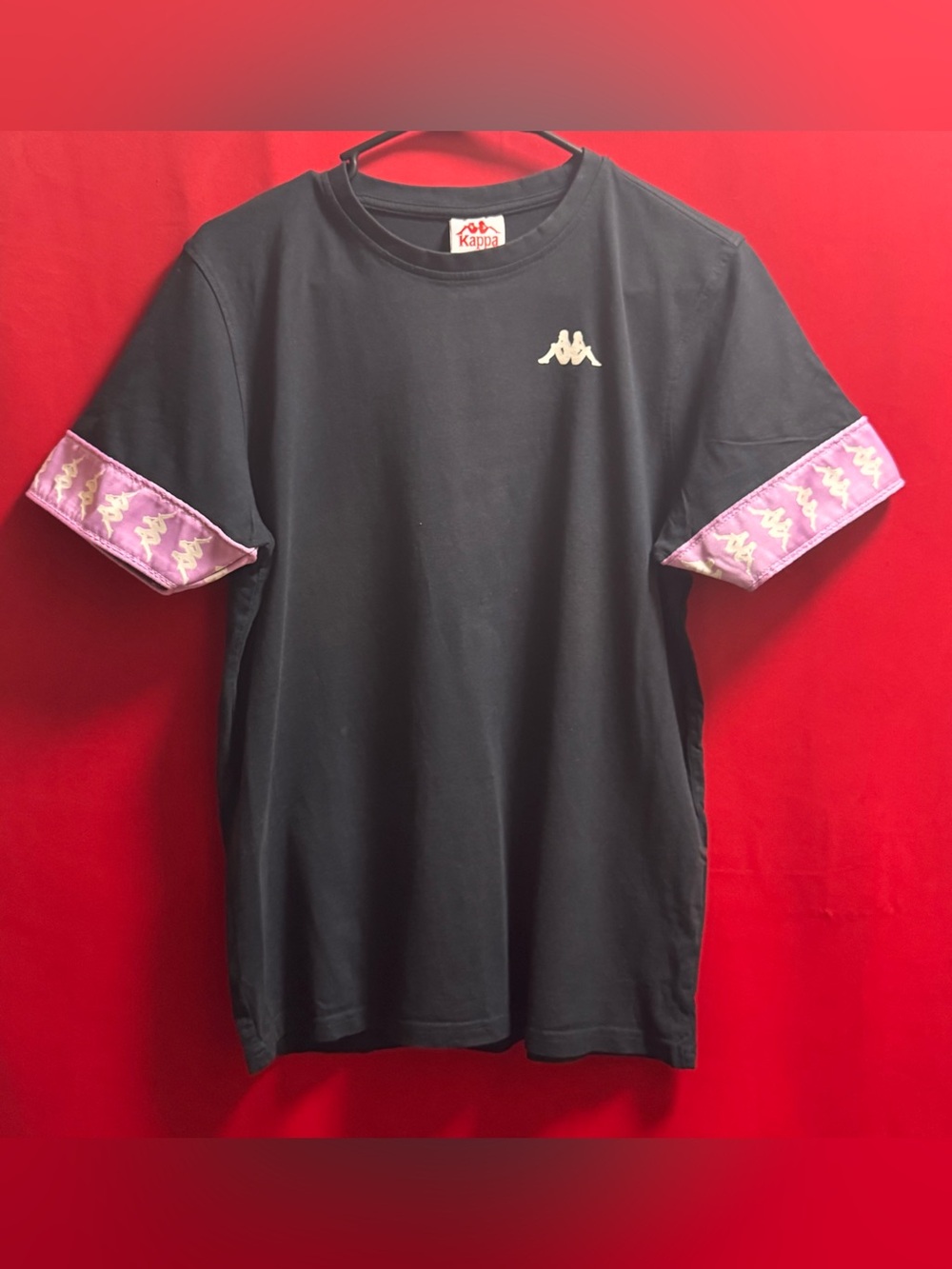 #632- KAPPA Black Tee with Pink Logo Sleeve Tape Size Medium